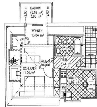 Grundriss - Dachgeschosswohnung mit Balkon - 390,00 EUR Kaltmiete, ca.  44,80 m² Wohnfläche