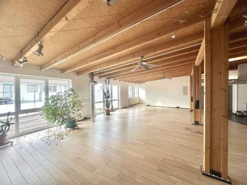 Blick zur Terrasse - Arbeiten in Rheinnähe: Helle Loft-Gewerbefläche mit großer Sonnenterrasse