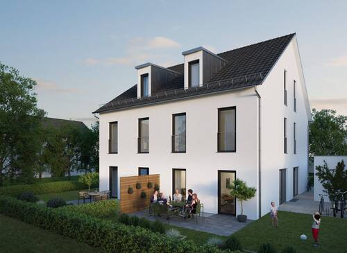 Visualisierung der Gartenansicht des Doppelhauses in Freimann - 5 Zimmer Doppelhaushälfte zum Kaufen in München