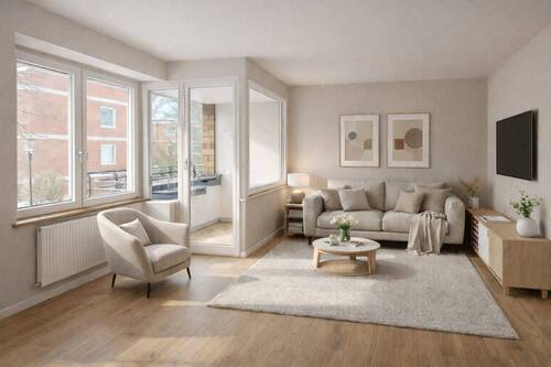 Wohnzimmer, KI generiert - Frisch saniert! 2,5-Zi.-Wohnung mit Südloggia & TG provisionsfrei