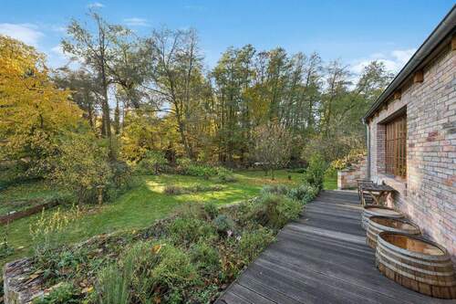 Blick von der seitlichen Terrasse in den Obstgarten - 5 Zimmer Einfamilienhaus in Schwielowsee