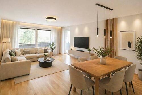 Wohnzimmer visualisiert - Bezugsfreie, helle 3-Zi-Wohnung mit 2 Balkonen und Tiefgaragenstellplatz nahe dem Starnberger See