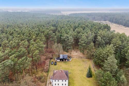 Drohnenansicht vom Haus mit Wald - 