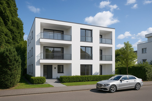 Visualisierung eines Mehrfamilienhauses auf dem Grundstück - 