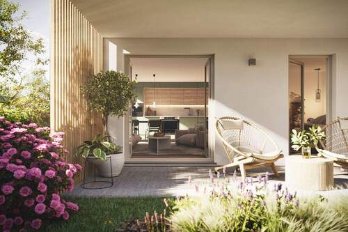 Visualisierung der modernen Terrasse - Etagenwohnung mit 81,50 m² in Markt Schwaben zum Kaufen