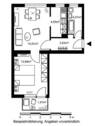 Grundriss mit Wohnbereich (14,61 m²), Küche (4,65 m²),Schlafzimmer (13,69 m²), Bad (4,07 m²), Flur (3,63 m²) und Balkon (1,47 m²) - 
