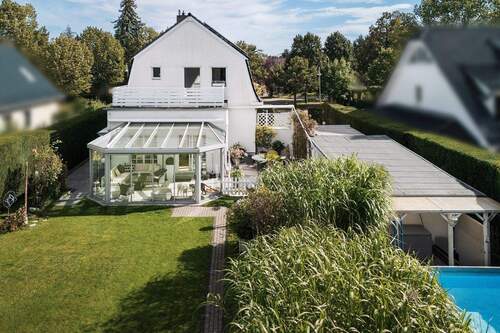 Drohnenansicht - Charmantes Einfamilienhaus mit großem Garten und Pool im beliebten Musikerviertel