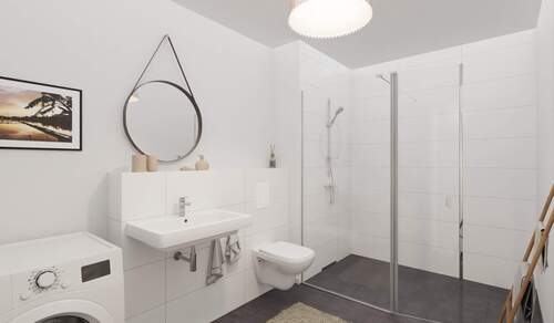 Modern gefliestes Badezimmer mit bodengleicher Dus - 