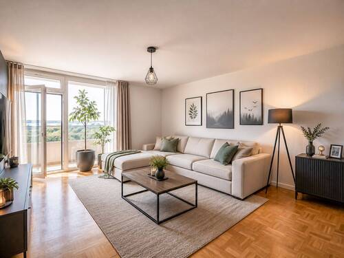 Wohnzimmer (Staged) - Wohnen über den Dächern Aubings - Helle 3-Zi.-Wohnung im 9. OG