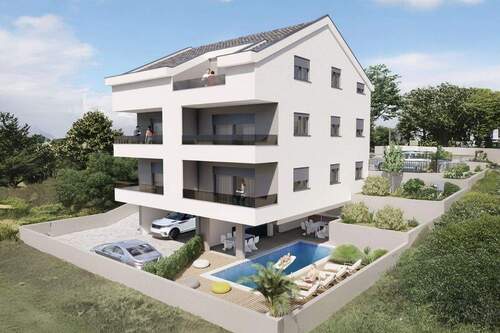 Modernes Apartmenthaus mit Pool, Terrassen und begrüntem Außenbereich - Exklusive Eigentumswohnung auf Ciovo - Mediterranes Wohnen mit moderner Architektur