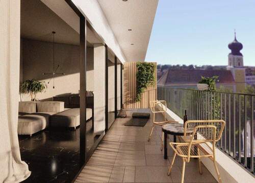 Exklusiver Wohntraum mit Kirchturm-Panorama: Lichtdurchfluteter Wohn-Balkon mit elegantem Design und traumhafter Aussicht - 