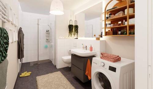 Eine bodengleiche Dusche gestaltet die Morgenrouti - Etagenwohnung mit 66,30 m&sup2; in Düsseldorf zum Kaufen