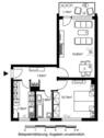 Grundriss mit Wohnzimmer (ca. 19,80 m²), Schlafzimmer (ca. 15,74m²), Bad (ca. 3,96m²), Küche (ca. 7,55m²), Flur (ca. 7,83m²) und Balkon (ca. 1,19m²) - 