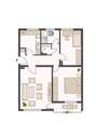 3-Zimmer-Grundriss bestehend aus Flur, offener Küche, Tageslichtbad mit Badewanne, separates WC, Wohnzimmer mit Zugang auf die Terrasse Balkon, ein Schlafzimmer und ein weiteres Zimmer. - 