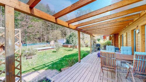 Terrasse mit Blick in den Garten - Bungalow mit 120,00 m&sup2; in Dimbach zum Kaufen