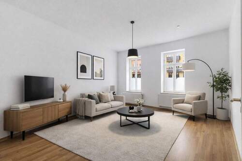 Wohnzimmer Virtual Staging – Möblierung digital ergänzt - Connewitz von seiner schönsten Seite - 3-Zimmer-Wohnung mit Balkon, Terrasse & Garten!