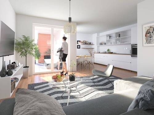 Innenvisualisierung - 'Friedrichspark': Großer Wohnbereich, sonniger SW-Balkon, Tageslichtbad, offene Wohnküche, KfW 55!