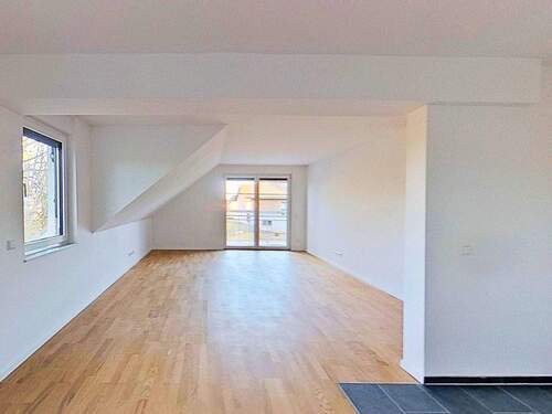 Ansicht I: Wohn- und Esszimmer mit offenem Küchenbereich - **Exklusiver ERSTBEZUG** Moderne 3-Zimmer-Wohnung mit BALKON im Grünen