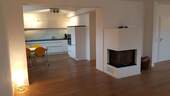 Wohn-Esszimmer mit Küche - Helle 3,5 Zimmerwohnung mit Balkon, Kamin und Blick ins Grüne, stadtnah