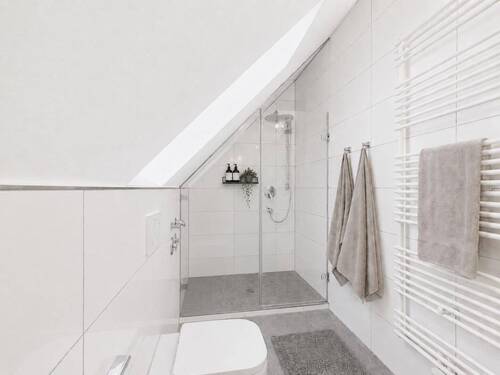 Modernes Badezimmer im Dachgeschoss mit Dusche und stilvoller Fliesengestaltung - 