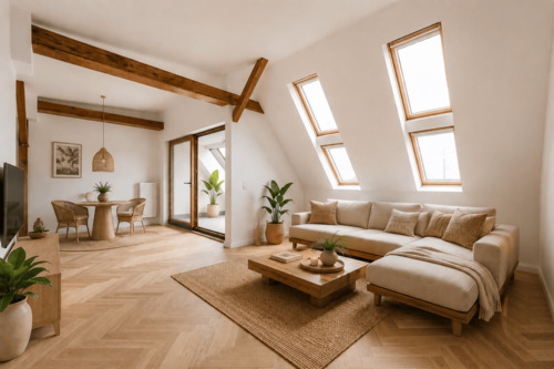Wohnzimmer visualisiert - Erstbezug nach Sanierung! Traumhafte Dachgeschosswohnung mit einzigartigem Weitblick über Neukölln