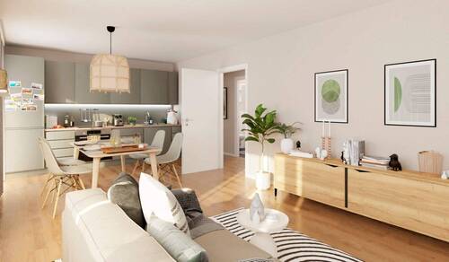 Küche und Essecke - Barrierefreie Erdgeschosswohnung mit zwei Terrassen, Lounge und Garten