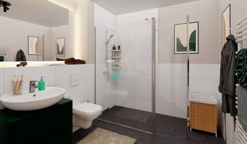 Badezimmer mit Dusche und Waschmaschinenanschluss - 