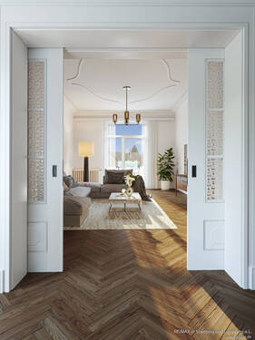 Wohnzimmer - digital möbliert - Exklusive Jugendstil-Wohnung mit TG-Platz im Bismarckviertel
