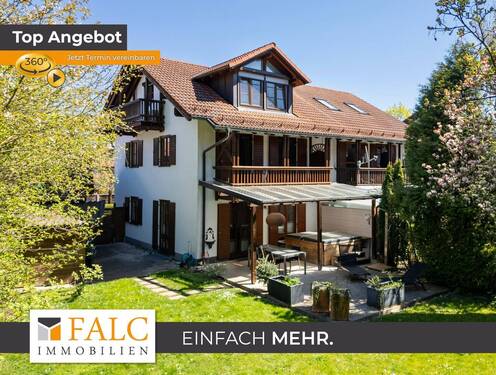 Drohne Gebäude mit Terrasse und Garten - Familienglück im Grünen - Teilmöblierte DHH mit großem Garten vor den Toren Münchens