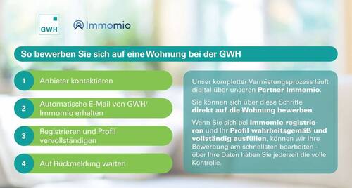 GWH-Vermietungsprozess: Anbieter kontaktieren, Registrierungs-Mail erhalten, Profil erstellen, Rückmeldung abwarten; Prozess läuft über Immomio: Zur raschen Bearbeitung dort registrieren, Profil befüllen, volle Datenkontrolle behalten - 