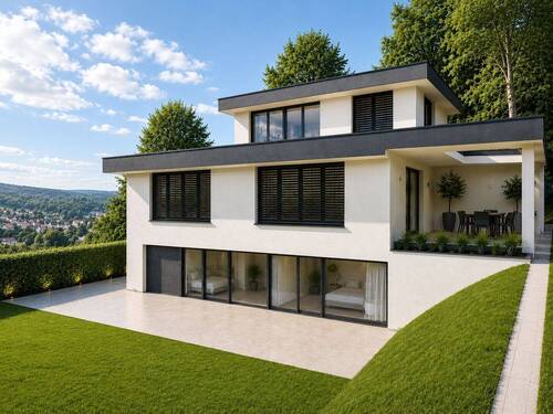 Außenansicht Tag_Visualisierung - Exklusives Architektenhaus mit Spa, Dachterrasse & flexiblen Wohnkonzepten