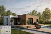Frontbild mit Logo - Rohe 77 - Moderner Bungalow in KfW 40, einzugsfertig inkl. KfW40, Fundamente