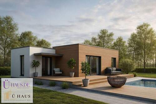 Frontbild mit Logo - Rohe 77 - Moderner Bungalow in KfW 40, einzugsfertig inkl. KfW40, Fundamente