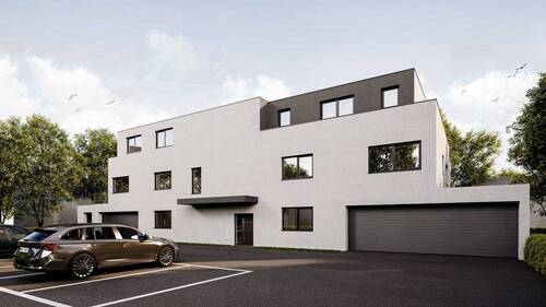 Hauseingang mit Garagen - 3 Zimmer Etagenwohnung in Bad Waldsee