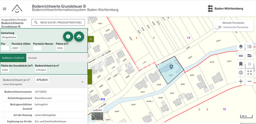 Lageplan des Grundstücks. Das Flurstück ist als Gebäude und Freifläche geführt - 