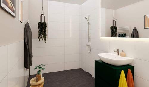 Modernes Badezimmer mit bodengleicher Dusche - Etagenwohnung mit 105,80 m&sup2; in Wildau zum Kaufen