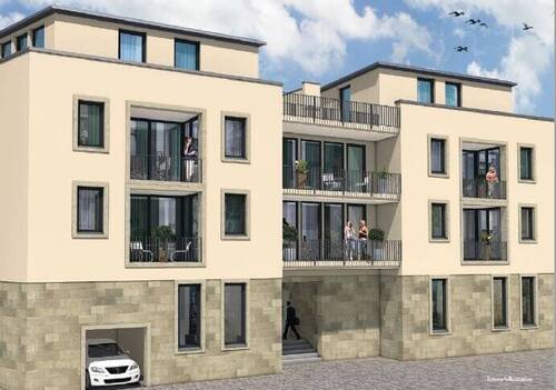 Ansicht Badstraße mit Tiefgaragen- und Gebäudezuga - Hochwertige 3-Zimmer-Wohnung im brauHaus Forchheim - direkt im Zentrum!