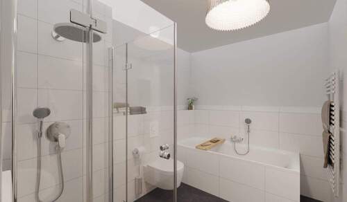 Modern gefliestes Badezimmer mit bodengleicher Dusche und Badewanne - 
