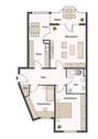 Grundriss 3ZKB rechts: Schlafzimmer, Kinderzimmer, Flur, Bad mit Wanne, Wohnzimmer mit Zugang zur Loggia und Küche mit Essecke - 
