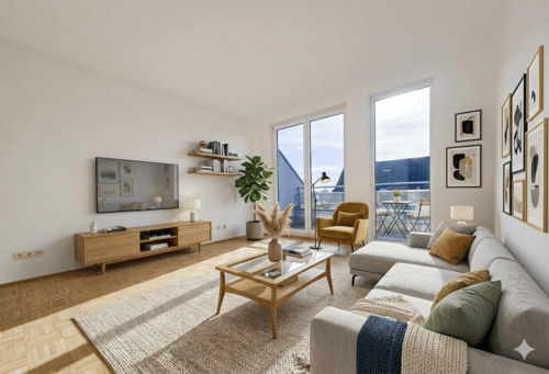 Wohnzimmer - digital gestaged - Attraktive 3-Zimmerwohnung mit zwei Balkonen und Tiefgaragenstellplatz