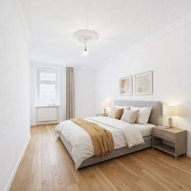 Schlafzimmer 1 (KI bearbeitet) - Stilvolle 3-Zimmer-Wohnung am Helmholtzplatz- frisch renoviert und bezugsfertig