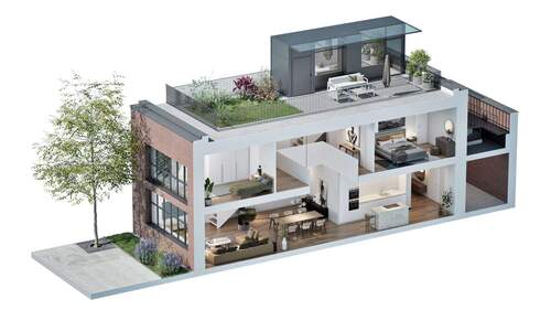 BT7 - 3D schnitt.jpg - Dachgartenhaus mit Galerie, Dachterrasse und privatem Dachgarten mitten in der Stadt