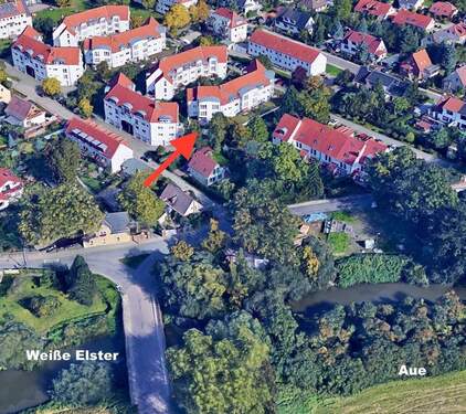 Luftbild Wohnpark - Südterrasse mit Gartenanteil, offene Küche und Einzelgarage im Haus - gepflegt und langjährig vermietet