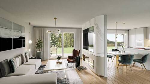 Offener Ess-/Koch-/Wohnbereich mit Süd/Ost Balkon - NEUBAU *GREEN LIVING* 3-Zimmer-Wohnung mit Gartenanteil in sonniger und ruhiger Lage in Merching.