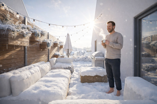 Wintermorgen auf der Dachterrasse.png - Wann waren Sie zuletzt auf Ihrer Dachterrasse, barfuß im Schnee, mit heißem Kaffee in der Hand?