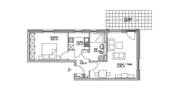 Grundriss im Erdgeschoss mit ca. 62 m² Wohnfläche, bestehend aus Terrasse, Wohnzimmer, Küche, Schlafzimmer, Abstellraum, Flur und Bad - 2 Zimmer Etagenwohnung zur Miete in Raunheim