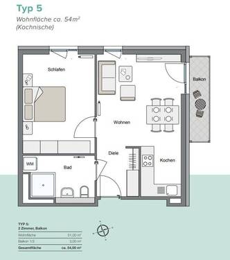 Typ 5_54 qm_2 Zi mit Terrasse_Balkon_Kochnische.jp - 