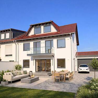 Garten- Garage- Ansicht - Einfamilienhaus mit 305,00 m&sup2; in Karben zum Kaufen