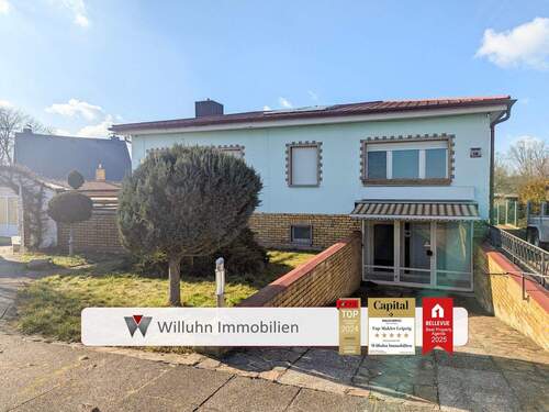 Vorderansicht und Eingang - Großes EFH + Nebenhaus: Wohnen, Gewerbe, Vermietung 