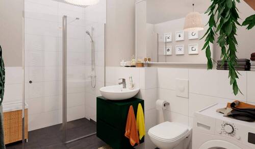 Badezimmer mit Dusche und Waschmaschinenanschluss - Etagenwohnung mit 69,50 m&sup2; in Berlin zum Kaufen
